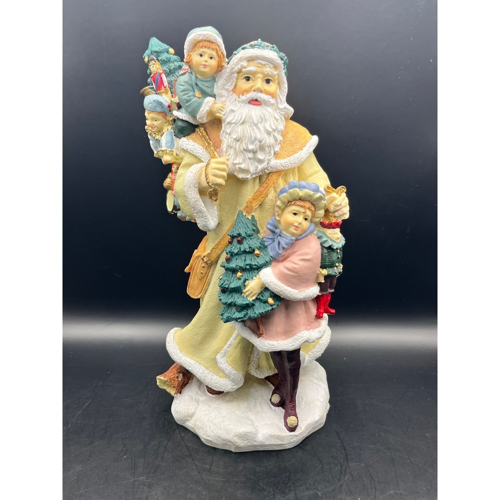 Vintage Santa Claus Figurine w/ Children Carrying Christmas Trees Decor 10.5"